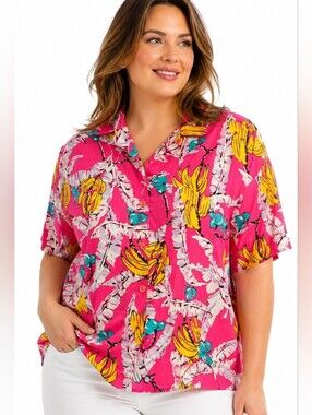 Paula Saker Vintage Banana Print Tropical Shirt Pink Size 14